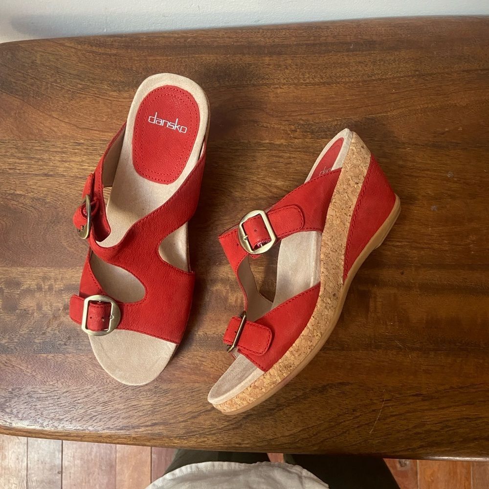 Dansko Carla Red Cork Wedge Slide Sandals with Buckle Straps- New